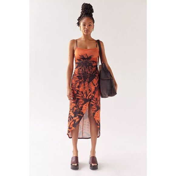 Urban Outfitters UO Solana Palm Tree Printed Split-Hem Midi Dress Size XS - Picture 1 of 9